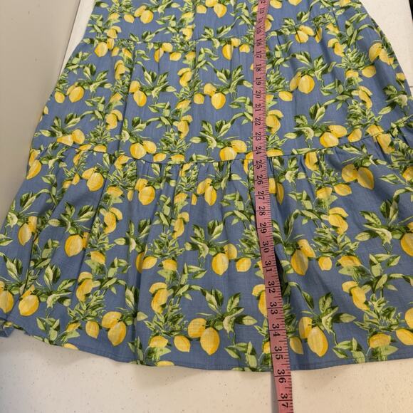 LOFT Lemon Print Tiered Swing Dress Women's Small Blue Yellow Linen Blend - Picture 10 of 13